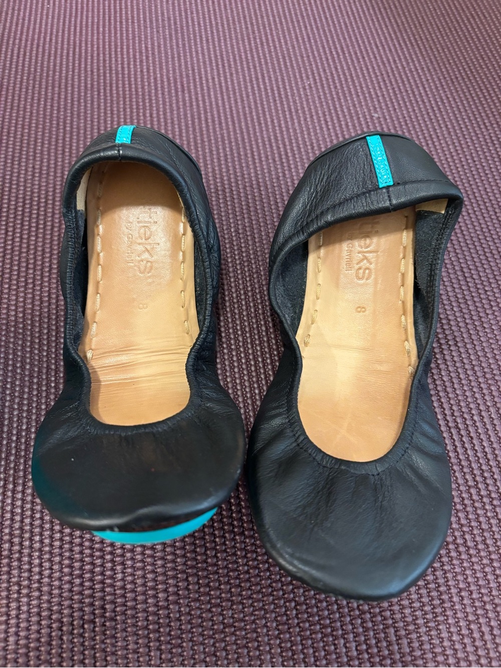 Tieks Black Leather Foldable Flats with Teal Accent